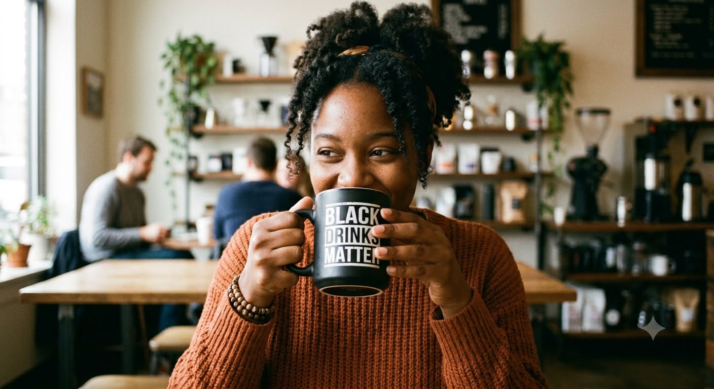 Person drinking from a Black Drinks Matter mug